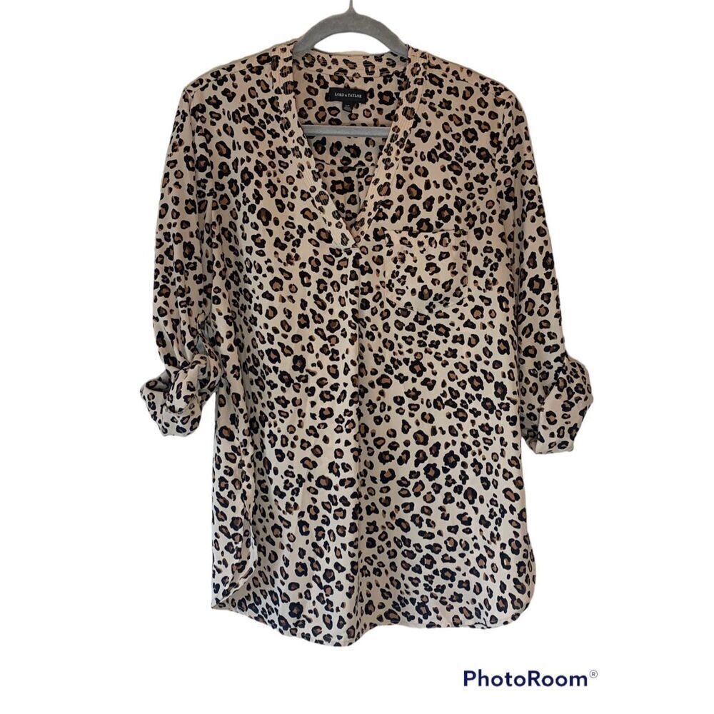 Lord & Taylor Women's Brown & Black Leopard Print V-Neck Long-Sleeve Blouse Size